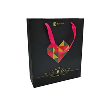 Premium art paper chocolate bag with ribbon handles, matte lamination and spot UV